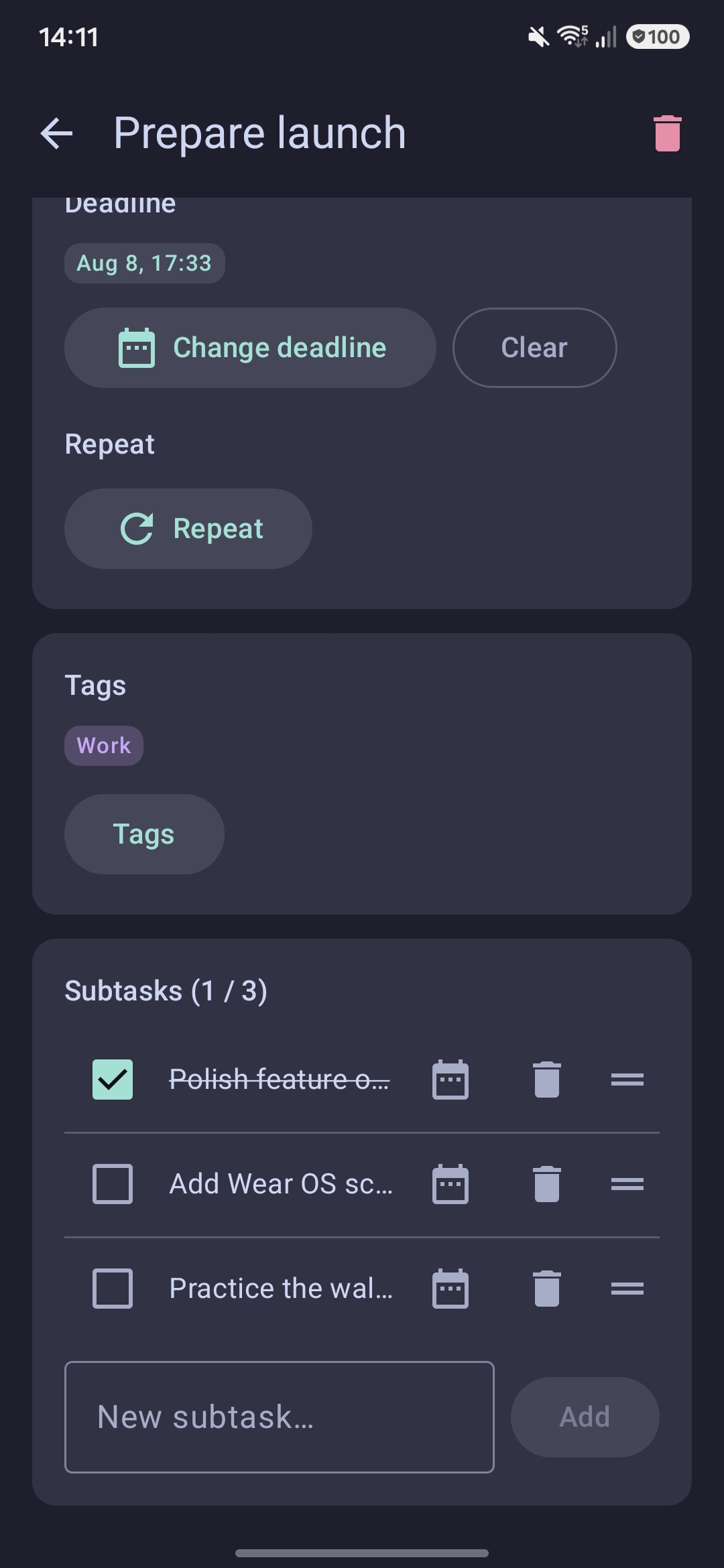 Kitsudo Subtasks screen